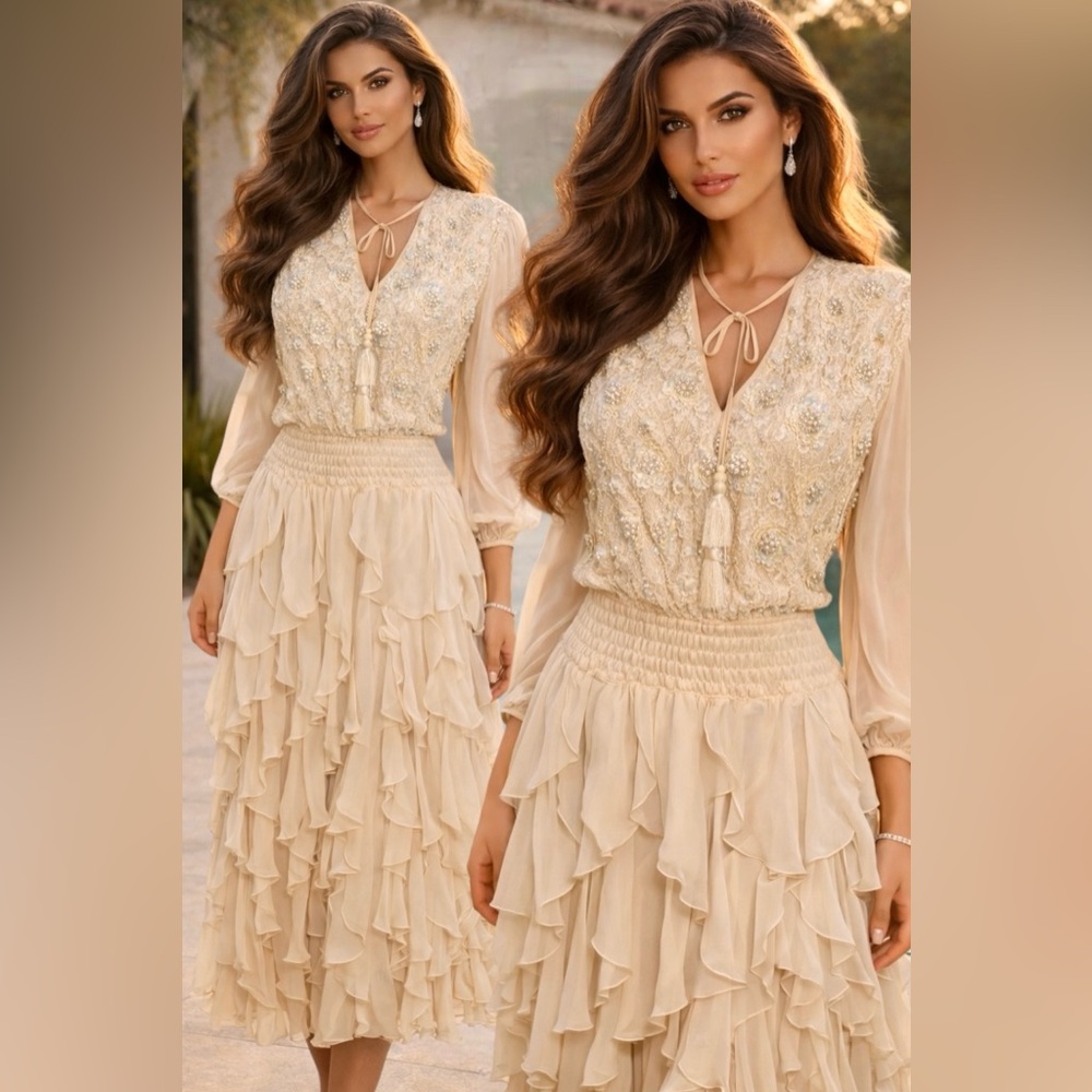 NEW Diane Freis Silk Lace Beaded BOHO Smock Tiered Cottage Fairy Vintage Dress